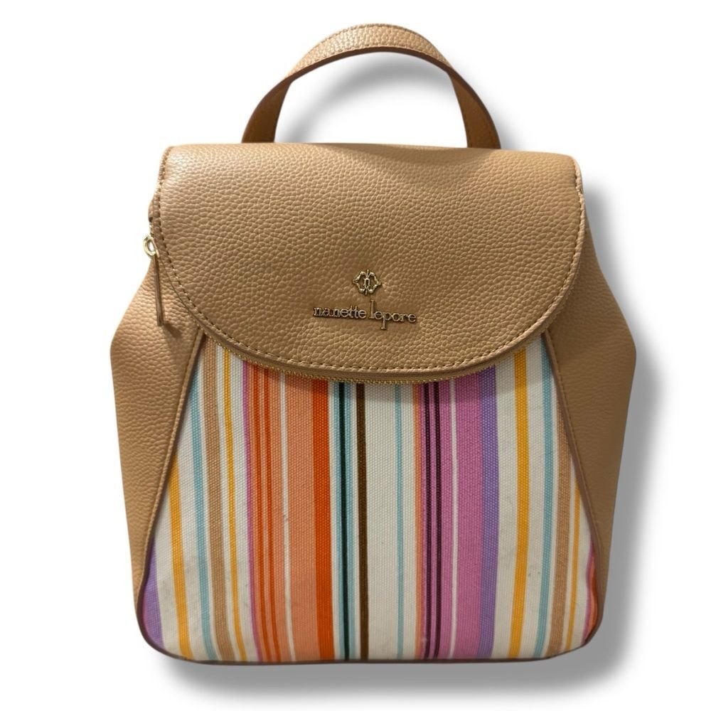 Nanette Lepore Mini Backpack Colorful Stripe Canvas Vegan Leather Bag